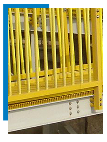 Close up of a yellow AIMS Deltarail Fiberglass Handrail System with pultruded fiberglass grating