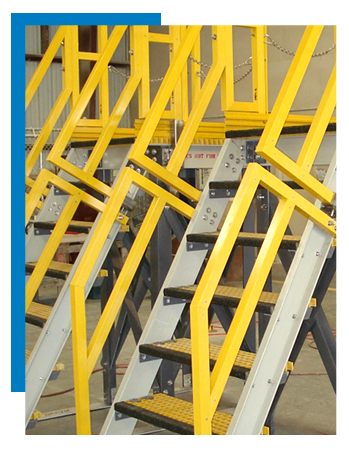 Fiberglass stair solution with yellow handrails