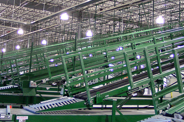 Green Fiberglass handrail system in using in a packing plant