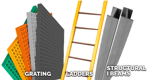 5 colors of Molded Fiberglass grating, Yellow FRP ladder, and Dark Gray FRP structural beams