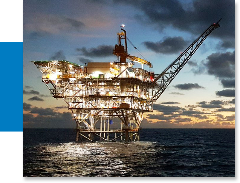 Oil platform with FRP grating in Gulf of Mexico at sunset