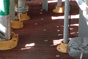 Pultruded fiberglass grating installed on an oil platform